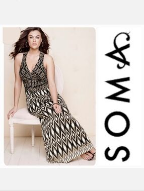 SOMA Keyhole Front Maxi Dress in Brown Tribal Print Sz S